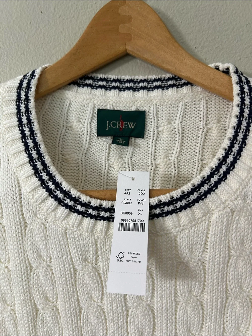J. CREW Heritage cotton tipped cable-knit sweater Ivory Navy Stripe XL
